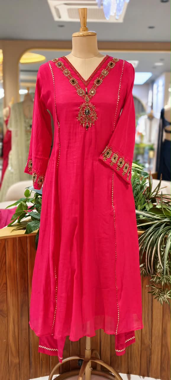 Jewel Blossom Stone Beaded Embroidered Work A-Line Lace Side Panel A-Line Full Suit Set With Dupatta- 16436