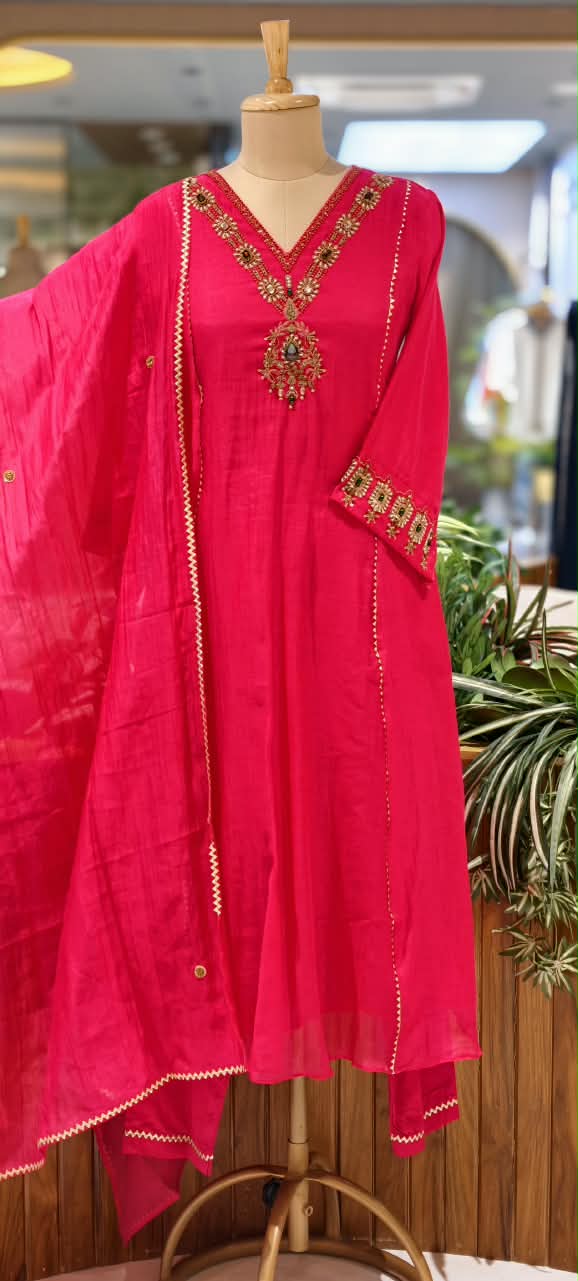 Jewel Blossom Stone Beaded Embroidered Work A-Line Lace Side Panel A-Line Full Suit Set With Dupatta- 16436