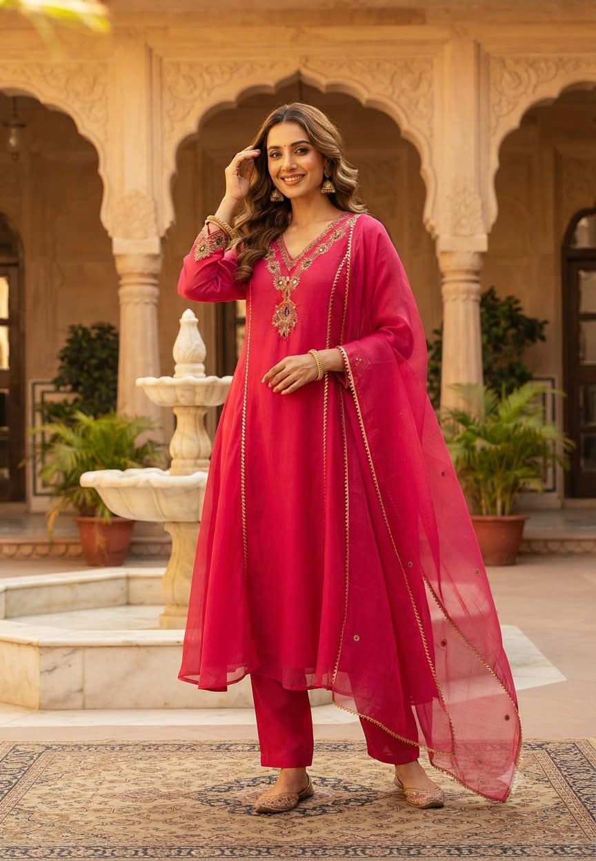 Jewel Blossom Stone Beaded Embroidered Work A-Line Lace Side Panel A-Line Full Suit Set With Dupatta- 16436