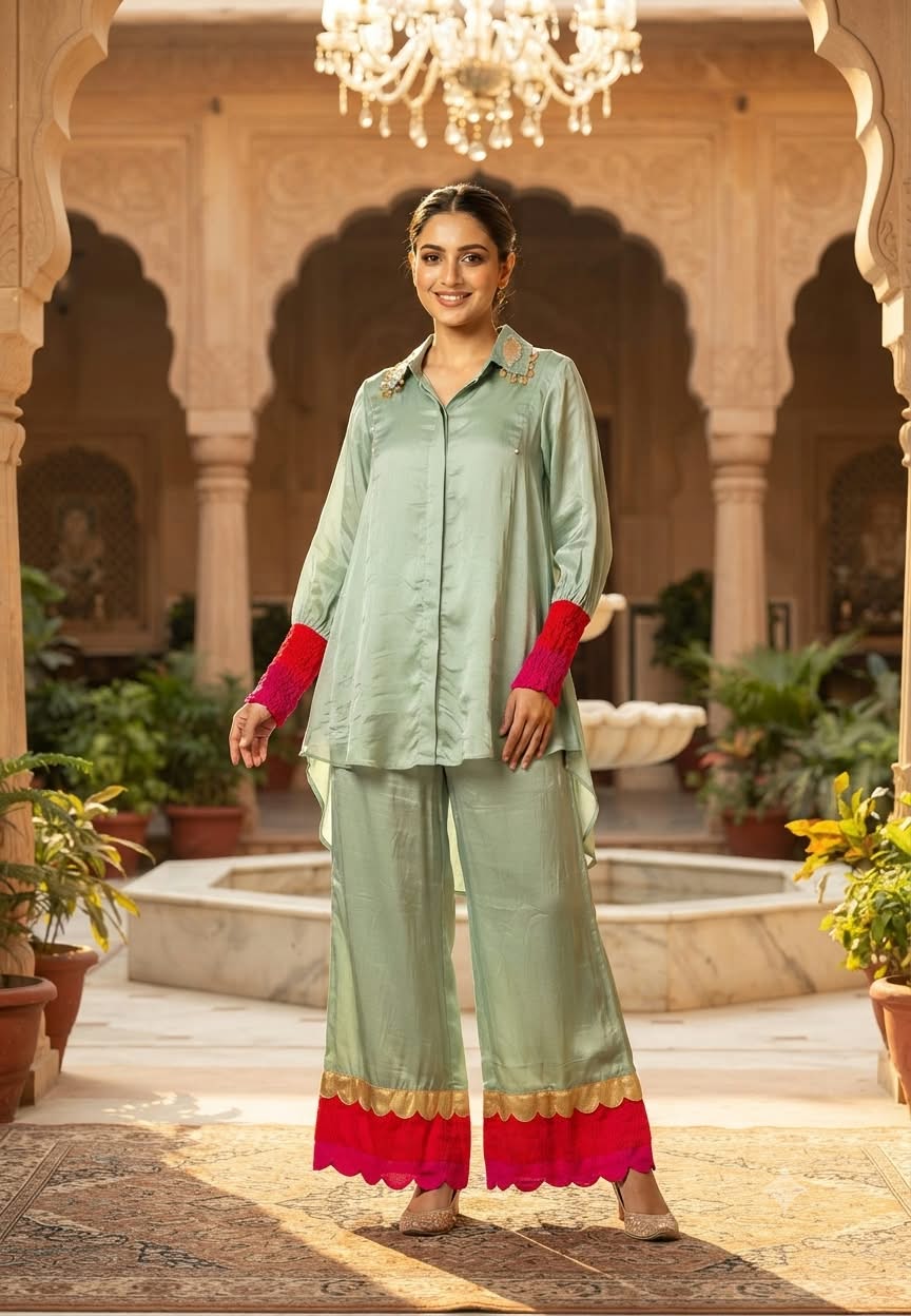 Carnival Inspired Look Designer Crepe Co-Ord Set With Vibrant & Golden Embossed Work With Coin Tassles Over Collar- 16295