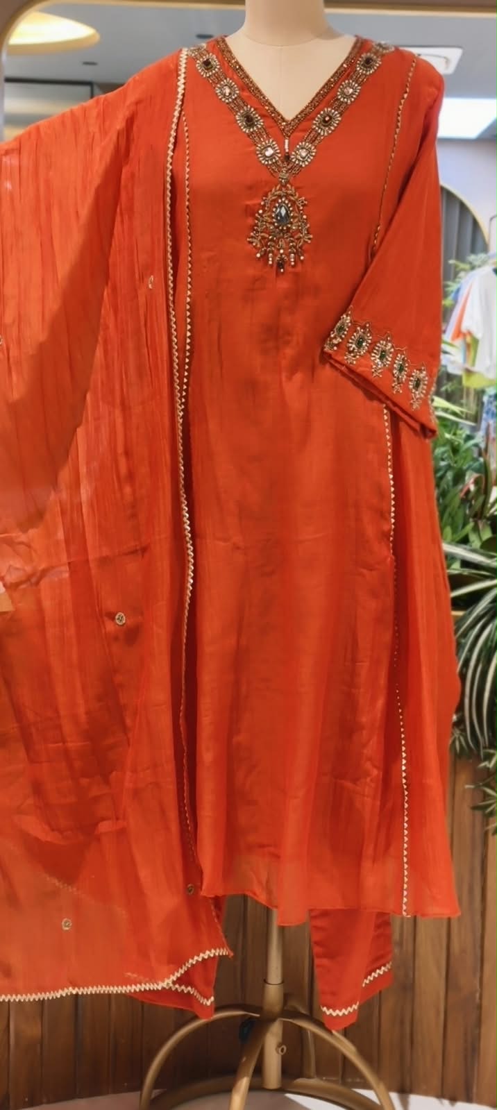 Jewel Blossom Stone Beaded Embroidered Work A-Line Lace Side Panel A-Line Full Suit Set With Dupatta- 16436