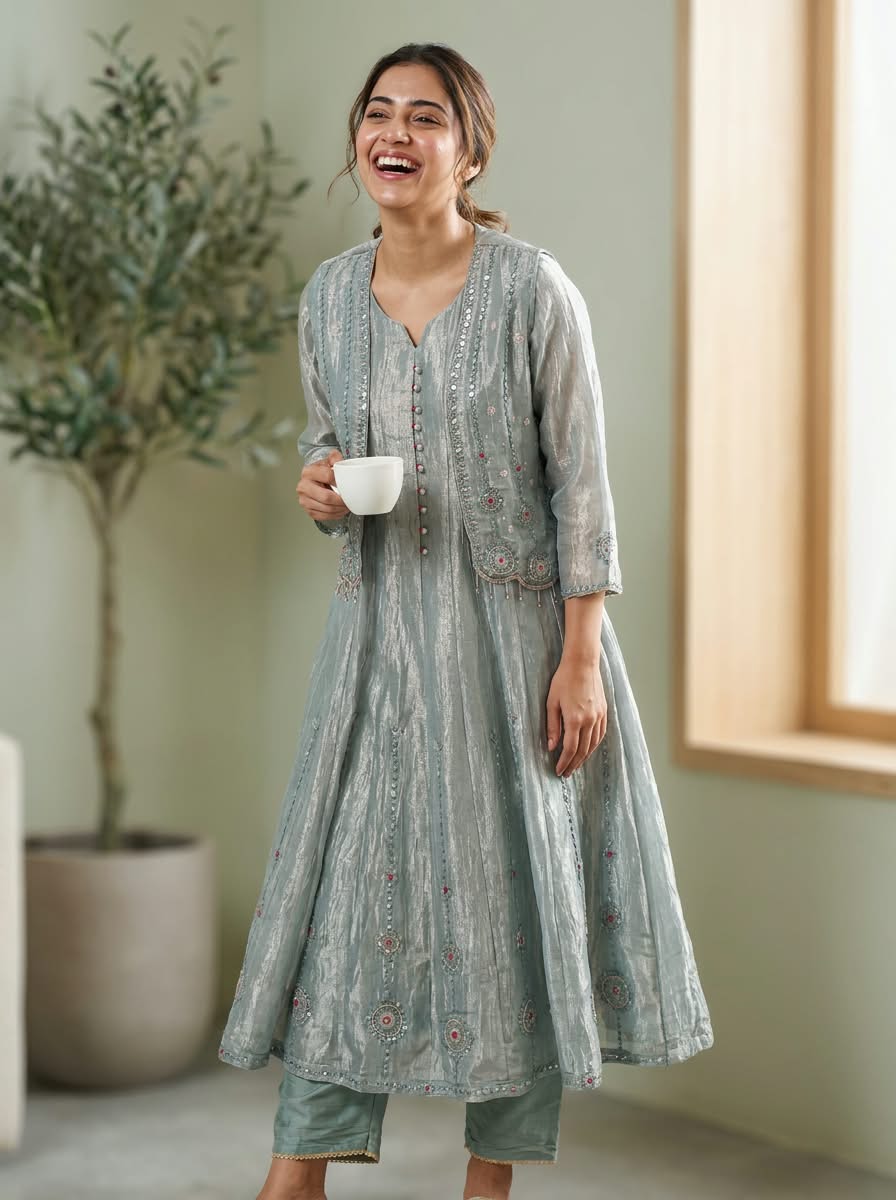 Butter Shine Elegant Shimmer Tissue Outer Style A-Line Kurta Pant Set With Delicate Crystal Embroidery Work- 16423