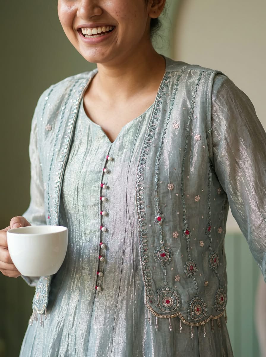Butter Shine Elegant Shimmer Tissue Outer Style A-Line Kurta Pant Set With Delicate Crystal Embroidery Work- 16423