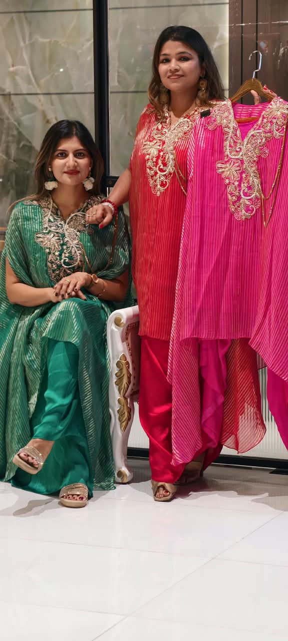 Elegant Dabka Embroidered Yoke With Stylish Chain Accent Striped Kaftan With Harem Bottom Indo-Wear- 16414