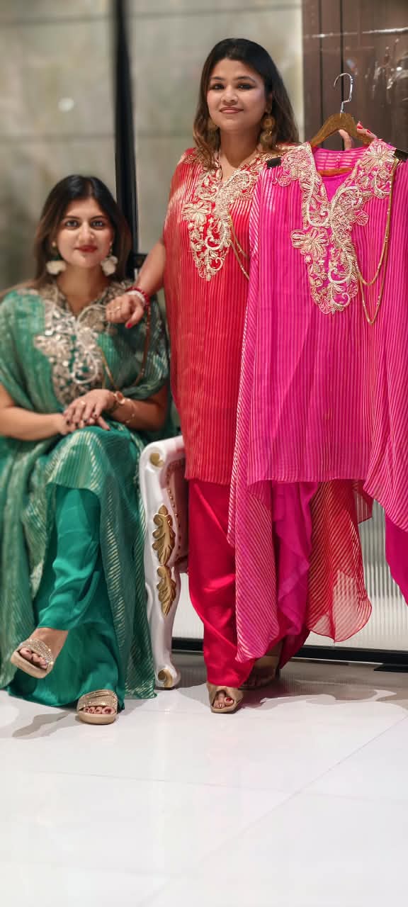 Elegant Dabka Embroidered Yoke With Stylish Chain Accent Striped Kaftan With Harem Bottom Indo-Wear- 16414