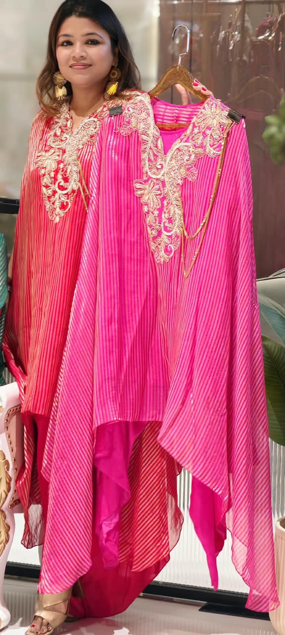Elegant Dabka Embroidered Yoke With Stylish Chain Accent Striped Kaftan With Harem Bottom Indo-Wear- 16414