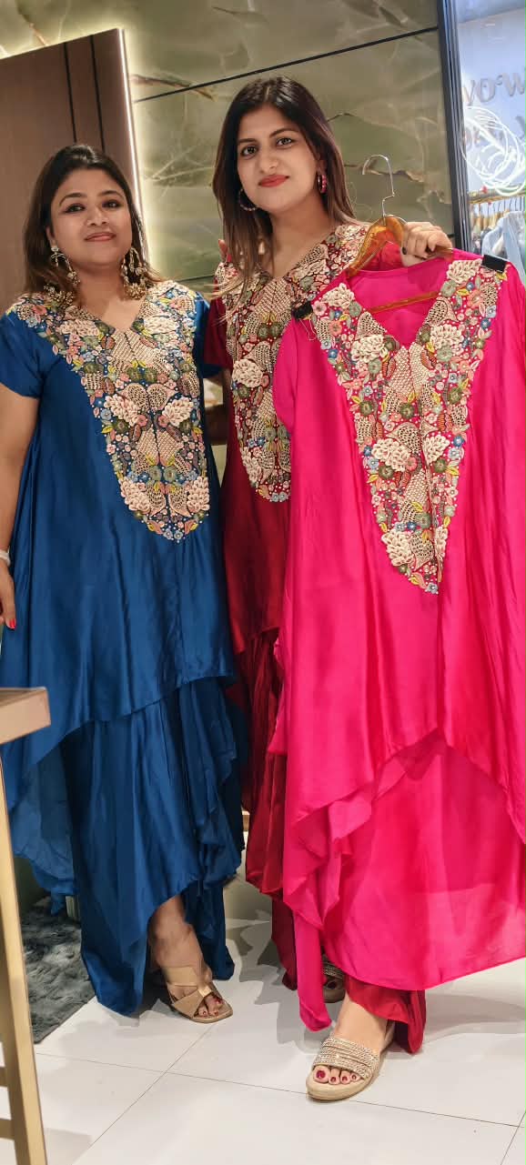 Popped 3D Multicolor Floral Embroidery Designer Look Indo-Wear High-Low Kurta With Drape Skirt- 16417