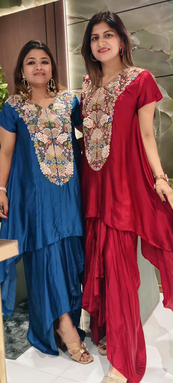 Popped 3D Multicolor Floral Embroidery Designer Look Indo-Wear High-Low Kurta With Drape Skirt- 16417