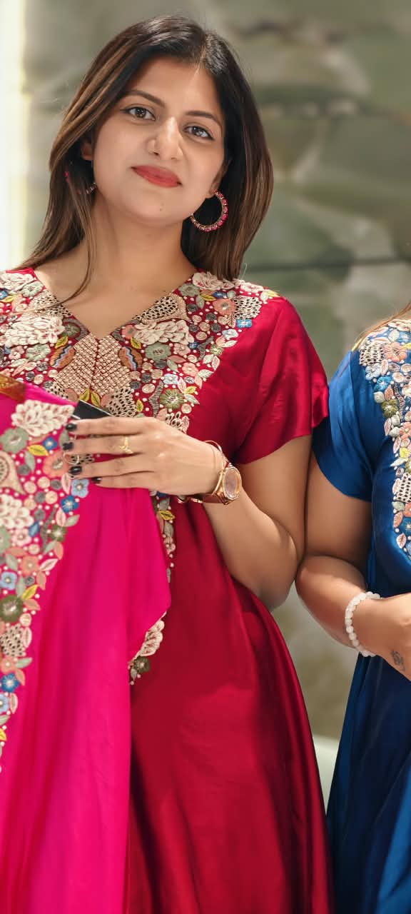 Popped 3D Multicolor Floral Embroidery Designer Look Indo-Wear High-Low Kurta With Drape Skirt- 16417
