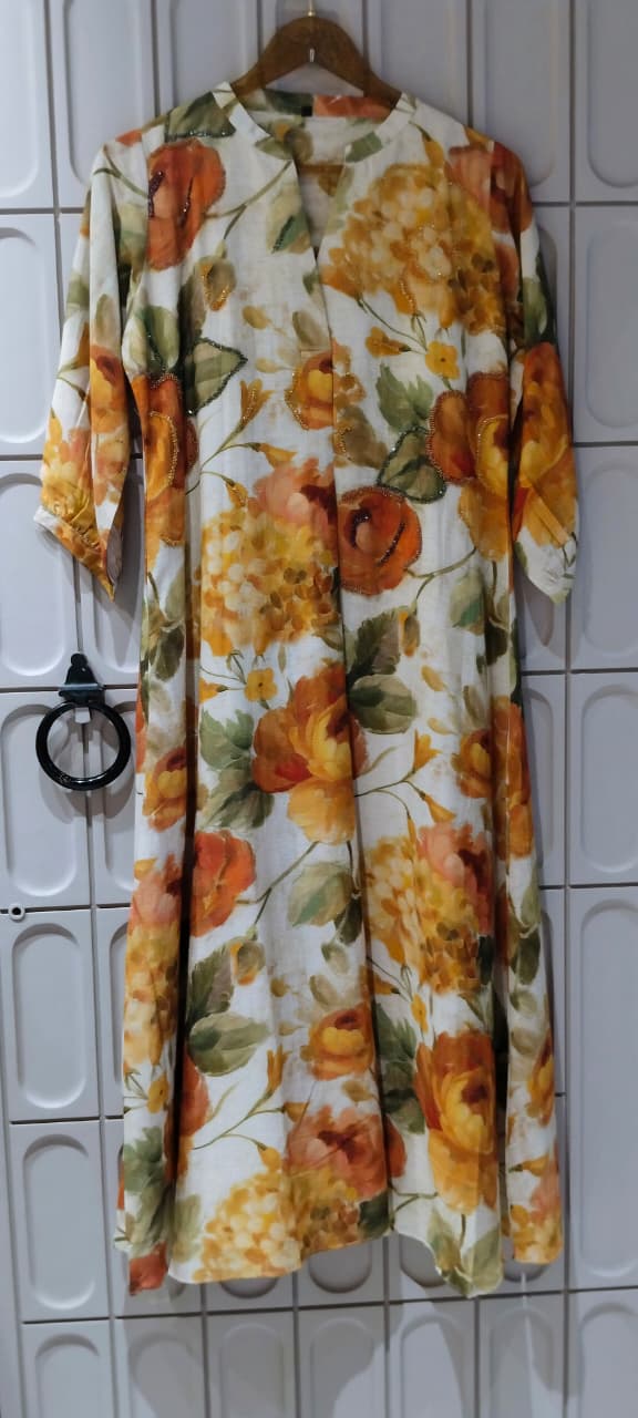 Tie-Dye Watermark Floral Print Shimmer Highlight Russian Silk Frock- 162774, 16277