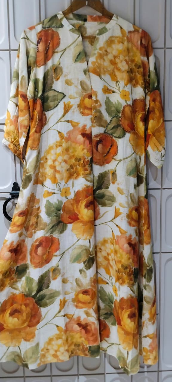 Tie-Dye Watermark Floral Print Shimmer Highlight Russian Silk Frock- 162774, 16277
