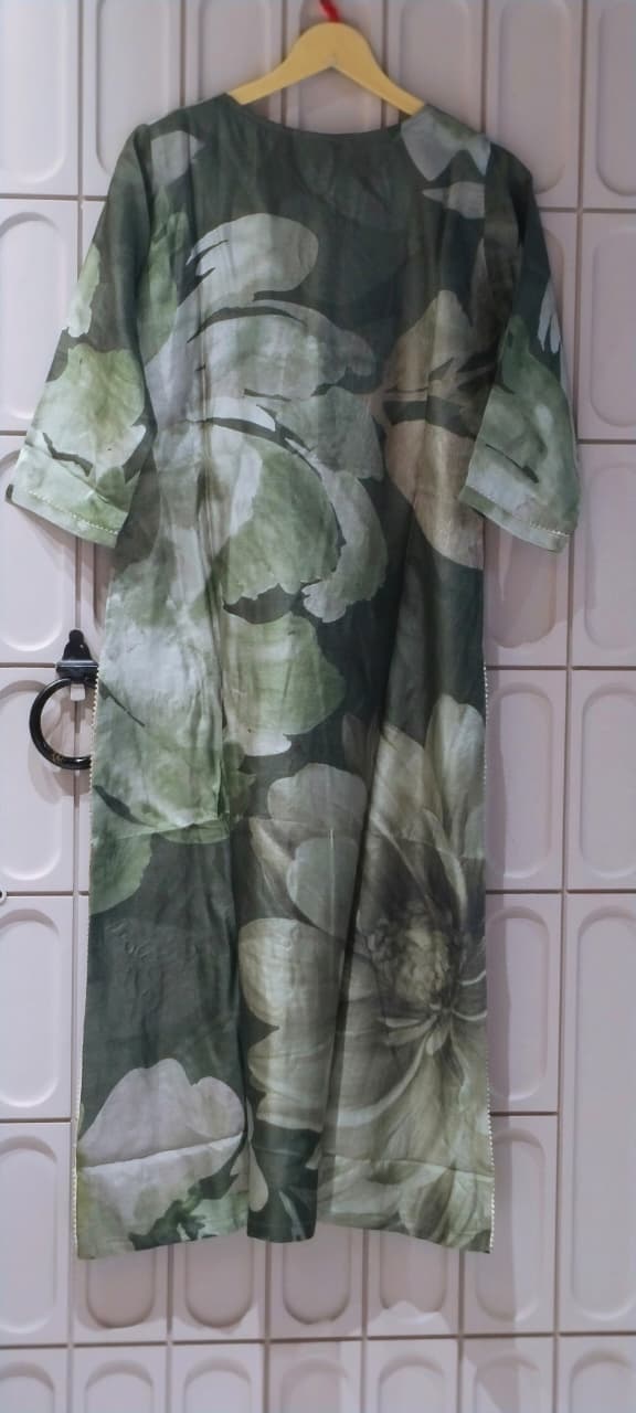 Sage & Forest Green Overlapping Floral Print A-Line Kurti- 16468