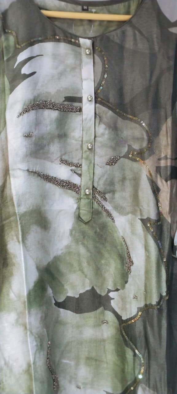 Sage & Forest Green Overlapping Floral Print A-Line Kurti- 16468