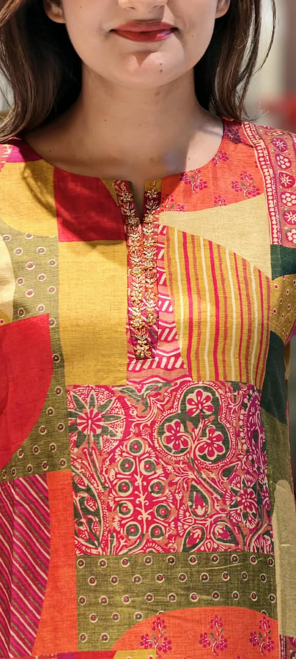 Multicolor Geometric Patchwork & Kalamkari Print A-Line Kurti- 16469