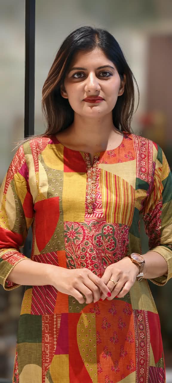 Multicolor Geometric Patchwork & Kalamkari Print A-Line Kurti- 16469