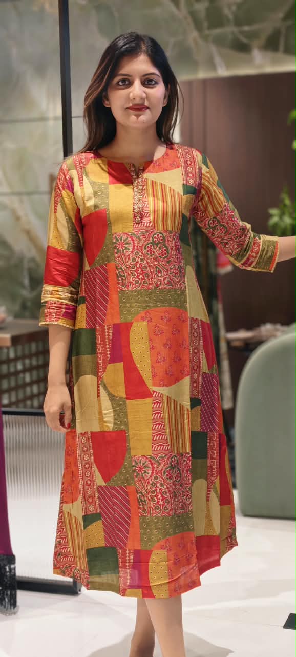 Multicolor Geometric Patchwork & Kalamkari Print A-Line Kurti- 16469