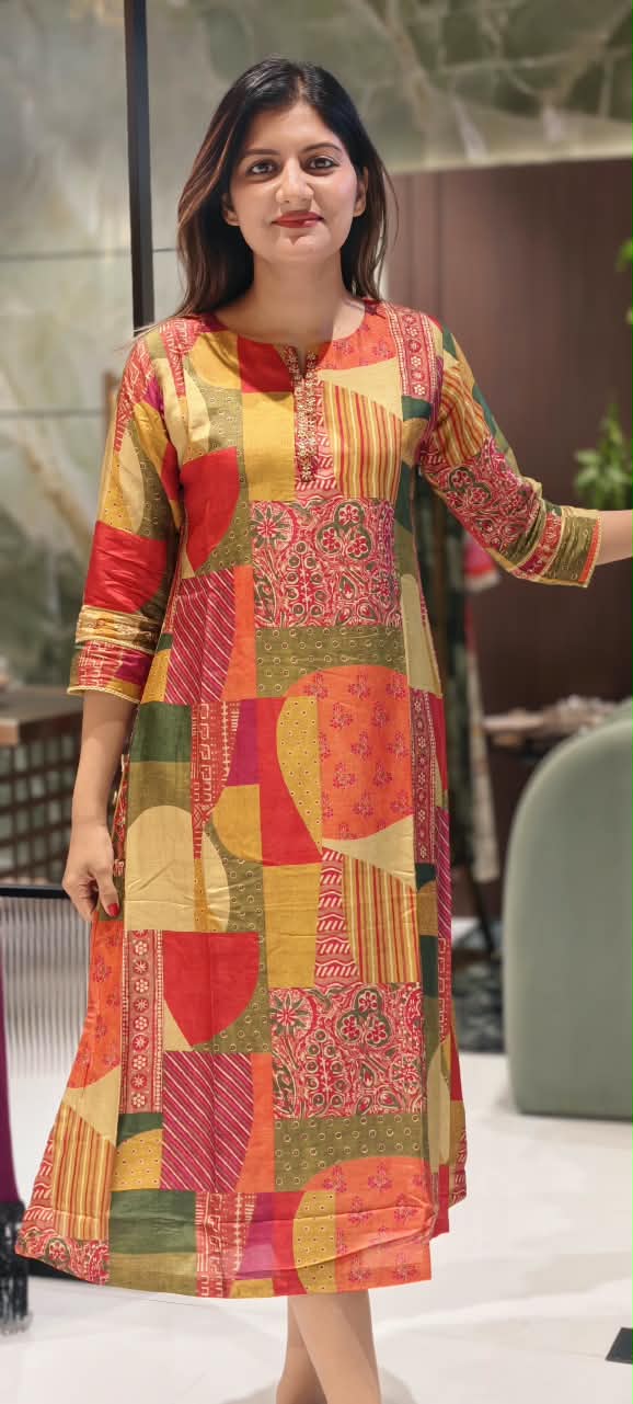 Multicolor Geometric Patchwork & Kalamkari Print A-Line Kurti- 16469