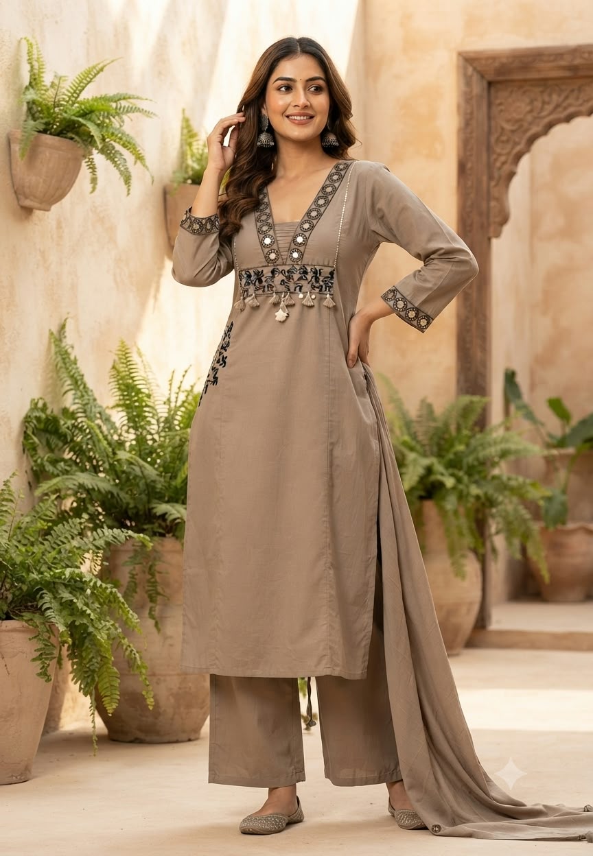 Tribal Inspired Dancing Motifs Pocket Elegance Cotton Full Suit Set With Dupatta- 16490