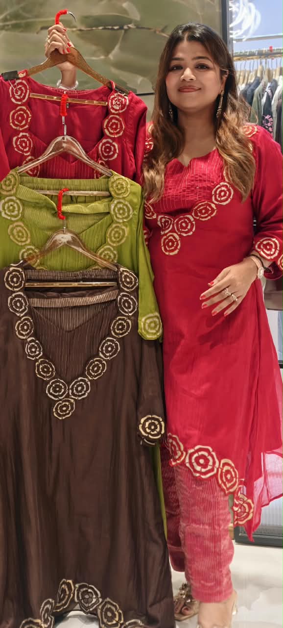 Embroidered Floral Cut-Work Outline Matching Mul-Chander A-Line Kurta With Bustier & Striped Tissue Bottom- 16460