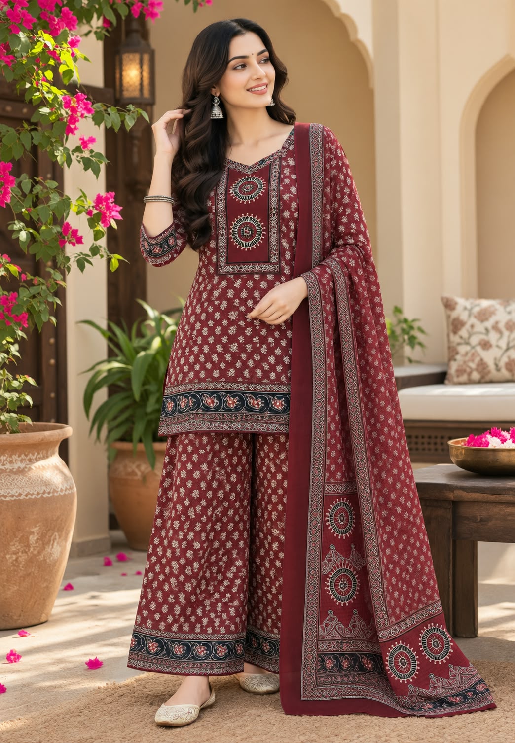 Tiny Floral Blocks Print Pure Cotton Full Suit Set With Panel Flared Palazzo Bottom & Matching Dupatta- 15931