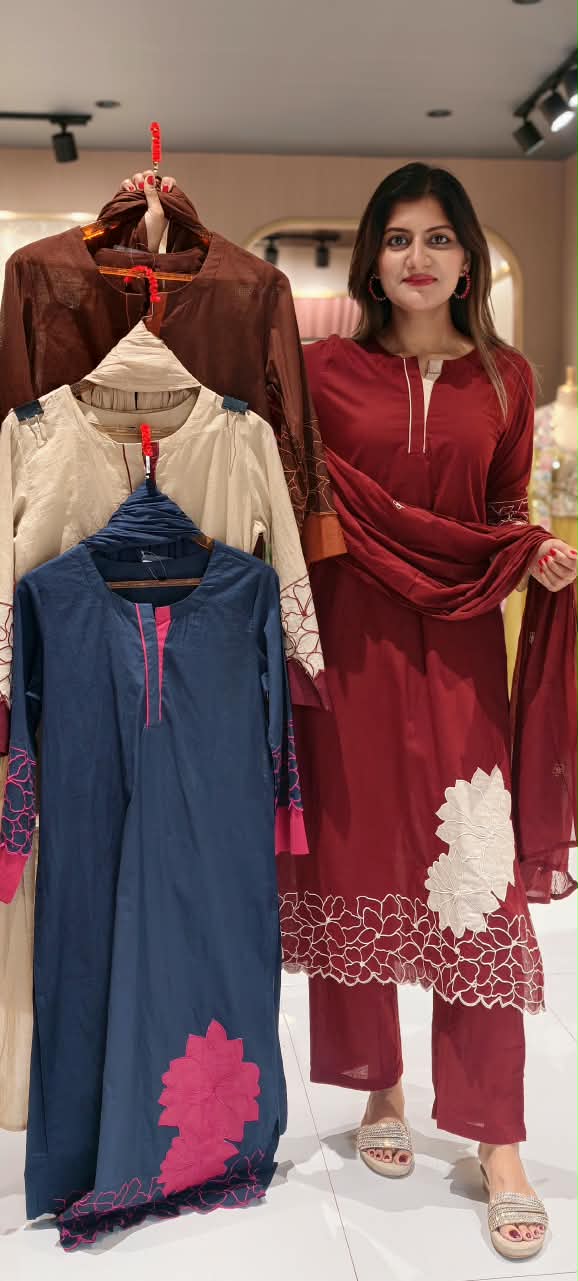 Giant Floral Patch Highlights Solid Shade Soft Cotton Full Suit Set With Dupatta- 16347