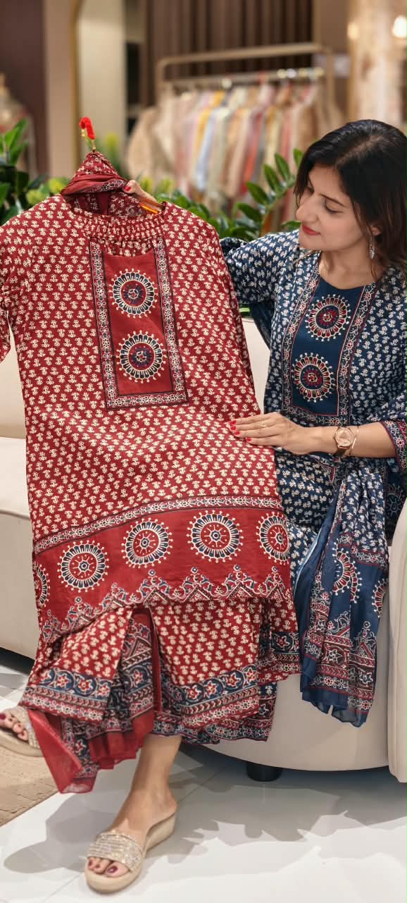 Tiny Floral Blocks Print Pure Cotton Full Suit Set With Panel Flared Palazzo Bottom & Matching Dupatta- 15931