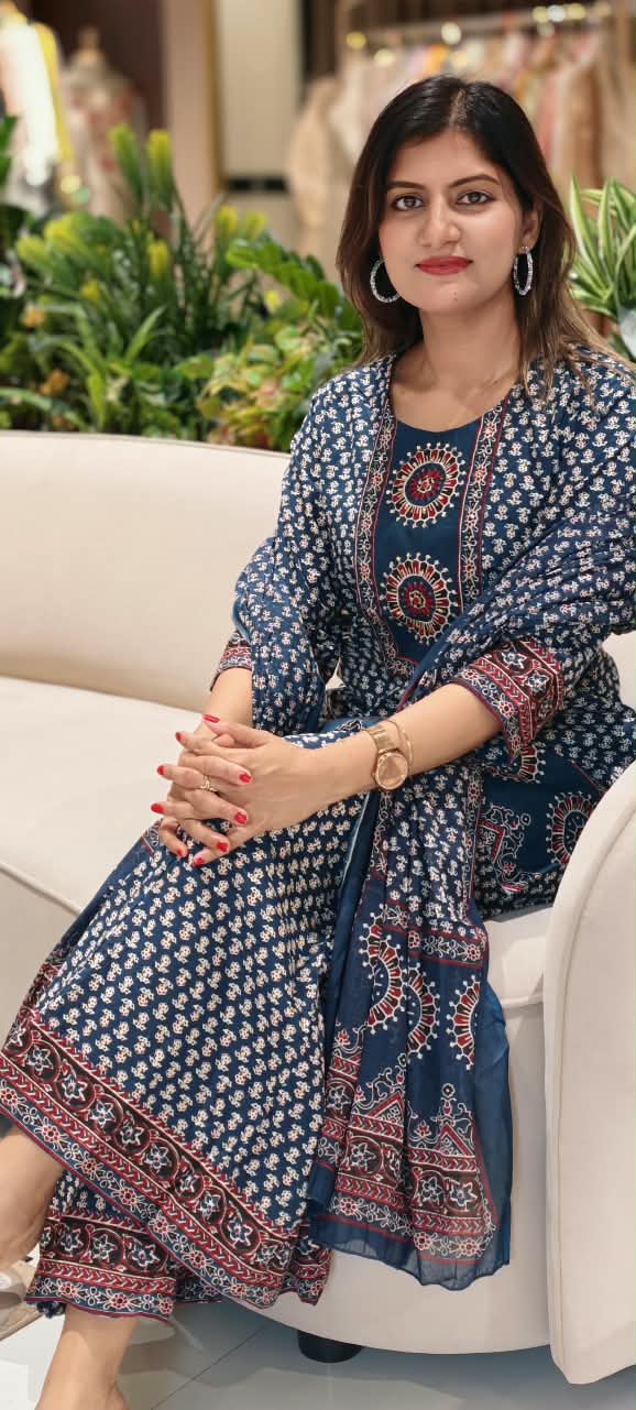 Tiny Floral Blocks Print Pure Cotton Full Suit Set With Panel Flared Palazzo Bottom & Matching Dupatta- 15931