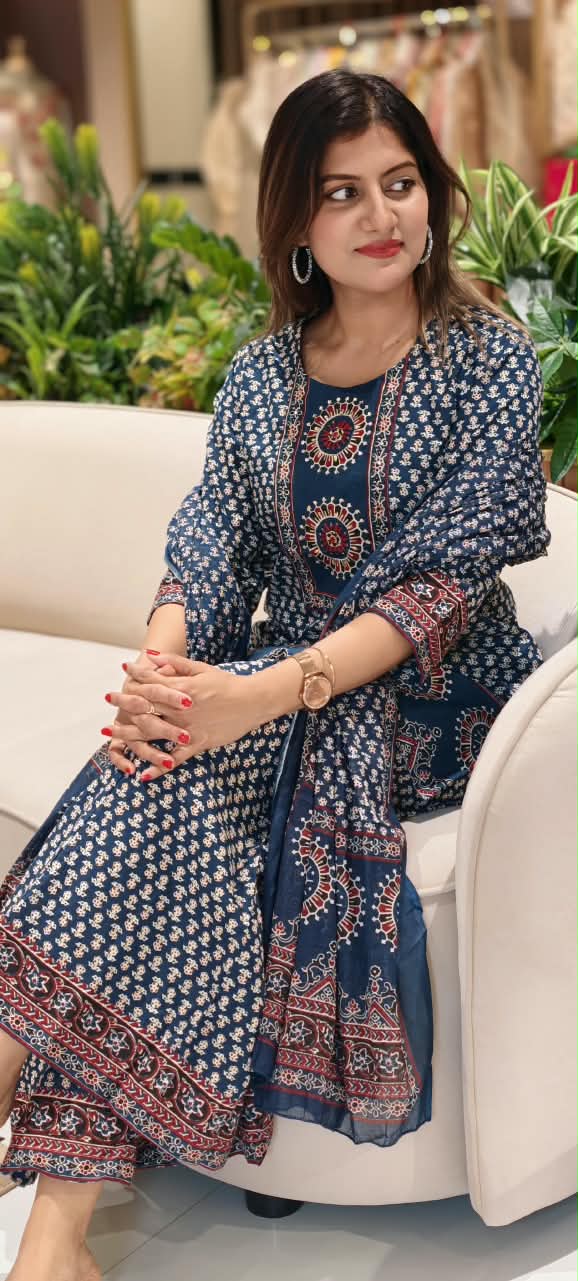 Tiny Floral Blocks Print Pure Cotton Full Suit Set With Panel Flared Palazzo Bottom & Matching Dupatta- 15931