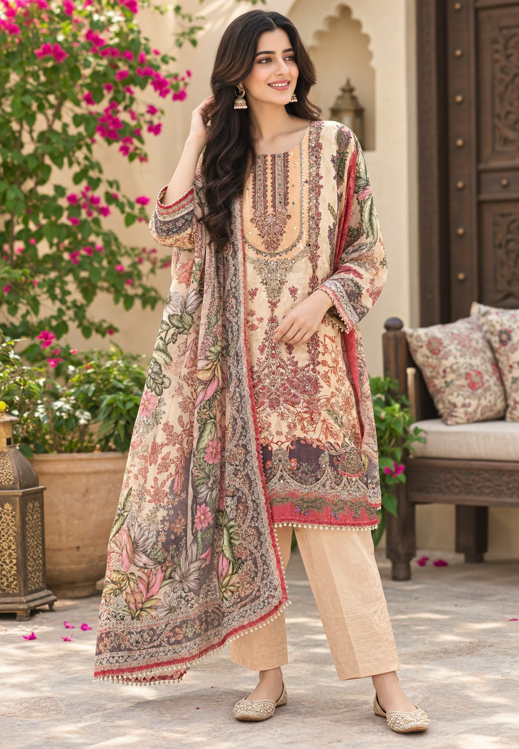 Beige & Peach Floral Printed Embroidered Crepe Pakistani Fit Full Suit Set With Farshi Bottom & Dupatta- 16502