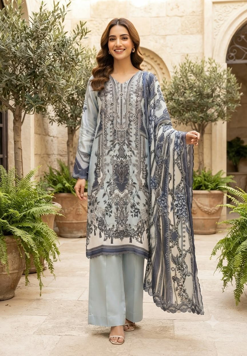 Graceful Twin Blue Floral Printed With Shimmery Highlights Pakistani Style Crepe Full Suit Set With Dupatta & Farshi Bottom- 16502