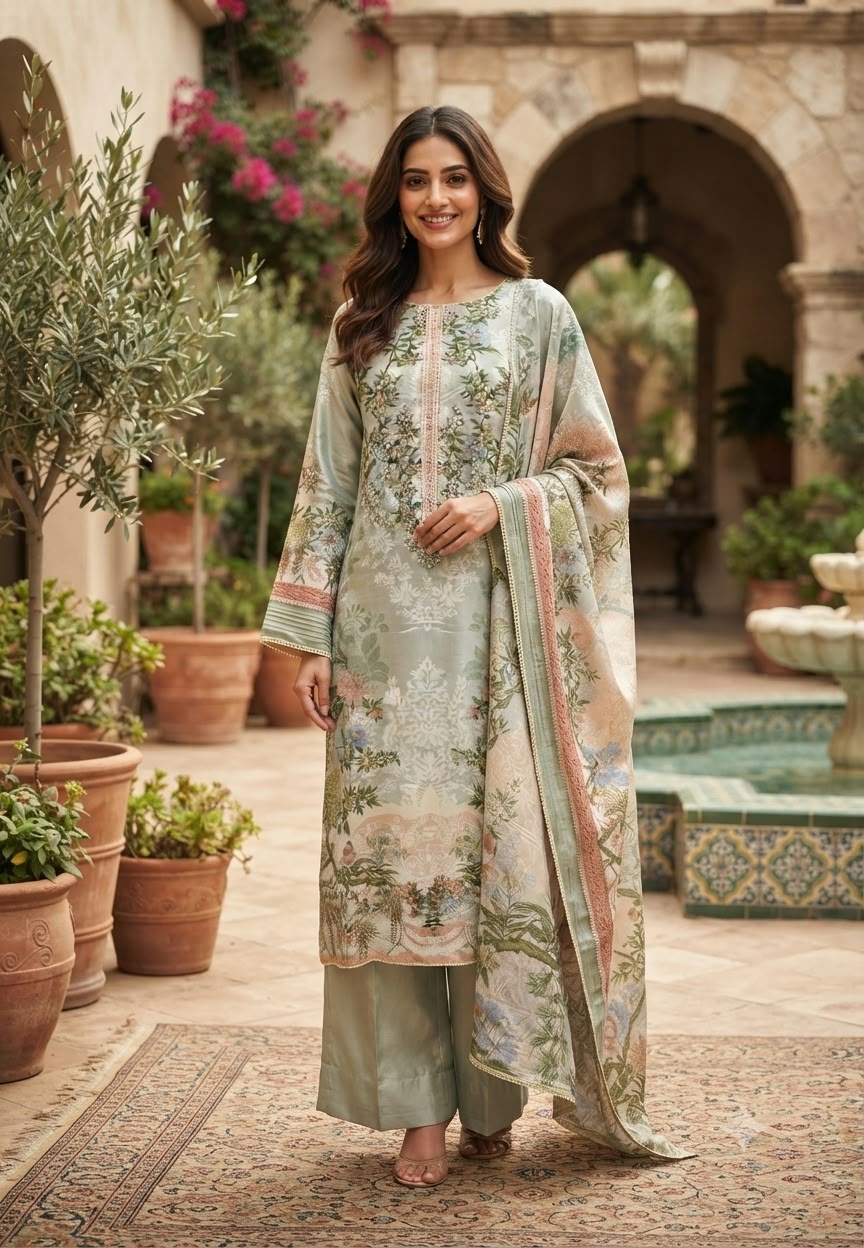 Aqua Blue & Sage Green Floral Printed & Embroidered Pleated Pakistani Style Crepe Full Suit Set With Dupatta- 16504