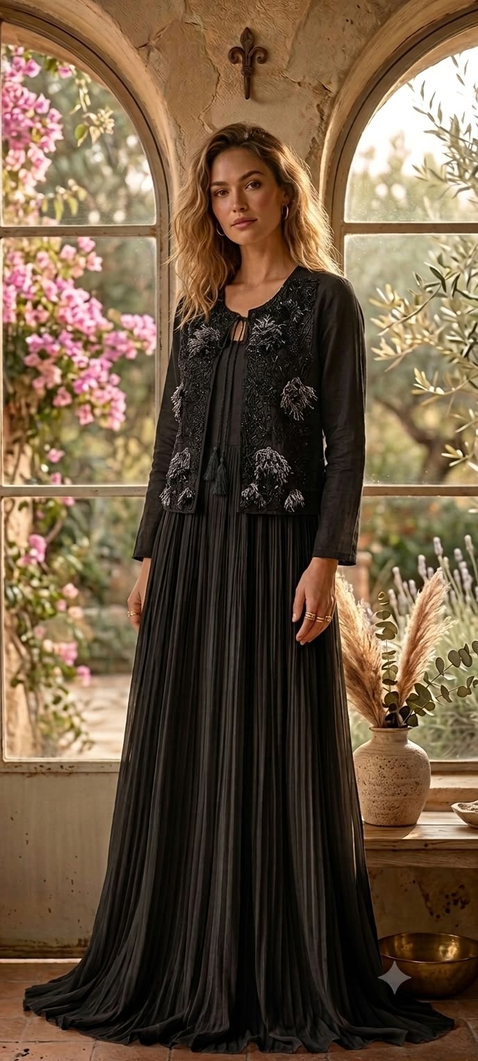 Exclusive Popped Floral Cut-Dana Embellished Outer Jacket With Matching Flared Cane-Cane Gown- 16420