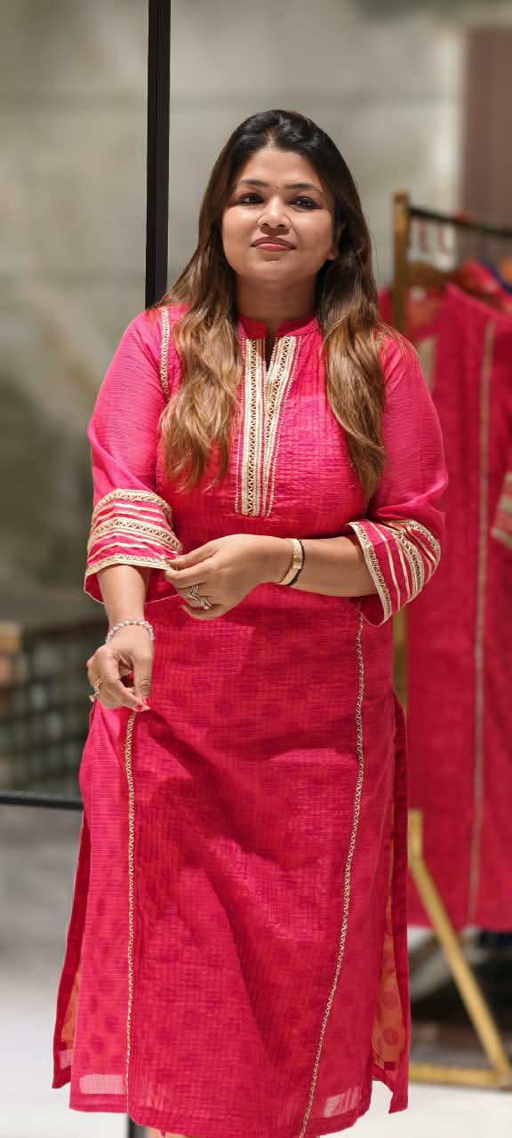 Crush Kota Doria Fuschia Glow Golden Lace Touch Kurta With Polka Dotted Cotton Pant- 16496