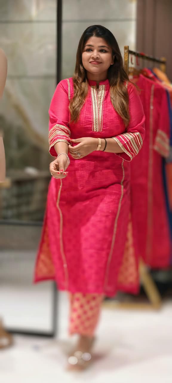 Crush Kota Doria Fuschia Glow Golden Lace Touch Kurta With Polka Dotted Cotton Pant- 16496