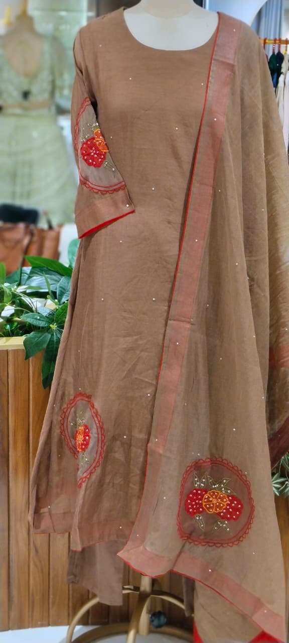 Strawberry Floral Patched Embroidery With Sequin Upwork A-Line Banarasi Mul-Chanderi Full Suit Set With Dupatta- 16530
