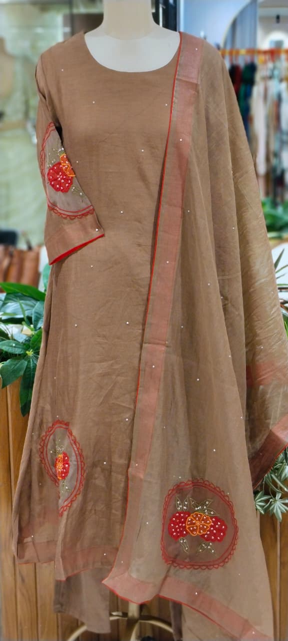 Strawberry Floral Patched Embroidery With Sequin Upwork A-Line Banarasi Mul-Chanderi Full Suit Set With Dupatta- 16530