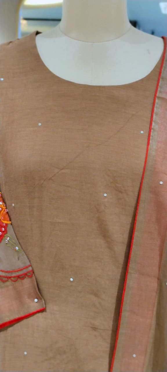 Strawberry Floral Patched Embroidery With Sequin Upwork A-Line Banarasi Mul-Chanderi Full Suit Set With Dupatta- 16530