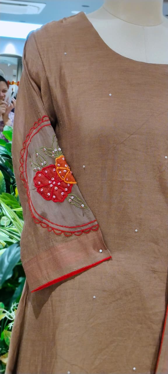Strawberry Floral Patched Embroidery With Sequin Upwork A-Line Banarasi Mul-Chanderi Full Suit Set With Dupatta- 16530