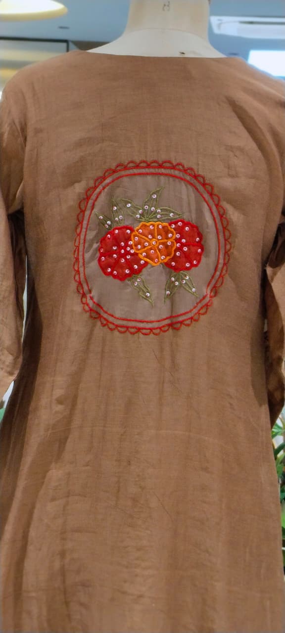 Strawberry Floral Patched Embroidery With Sequin Upwork A-Line Banarasi Mul-Chanderi Full Suit Set With Dupatta- 16530