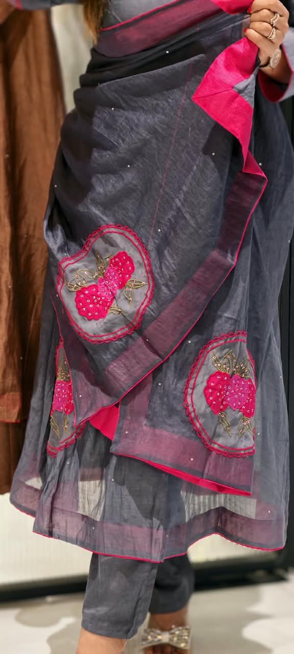 Strawberry Floral Patched Embroidery With Sequin Upwork A-Line Banarasi Mul-Chanderi Full Suit Set With Dupatta- 16530