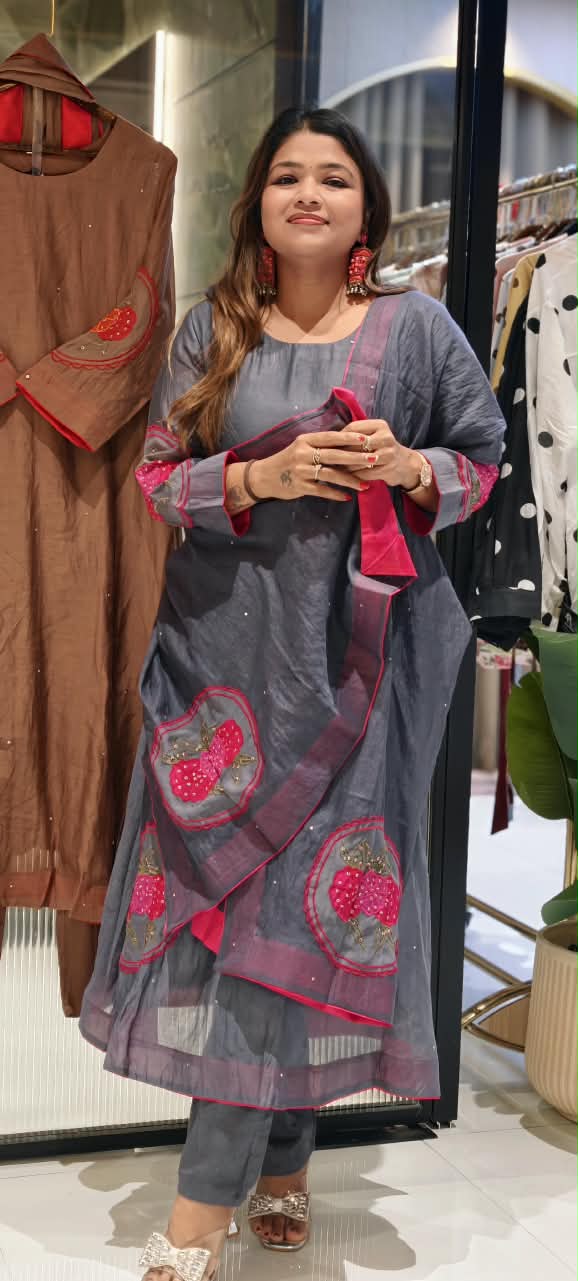 Strawberry Floral Patched Embroidery With Sequin Upwork A-Line Banarasi Mul-Chanderi Full Suit Set With Dupatta- 16530