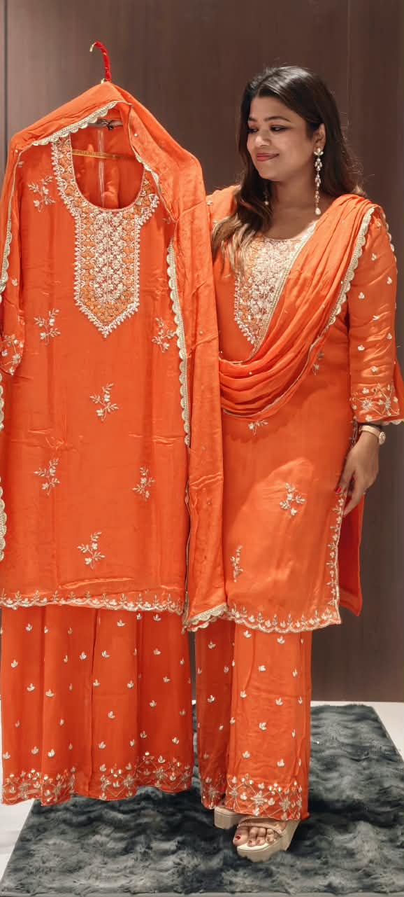 Heavy Sequin Embroidery Work Vibrant Blunt Orange Chinon Palazzo Full Suit Set With Dupatta- 16526