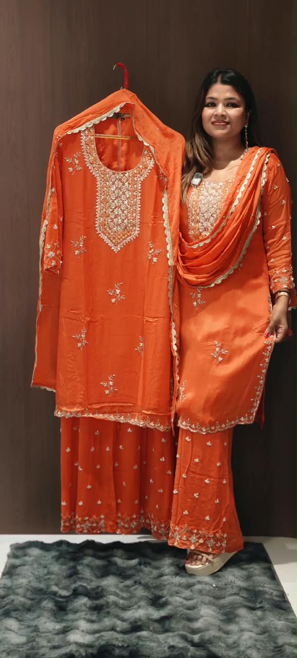 Heavy Sequin Embroidery Work Vibrant Blunt Orange Chinon Palazzo Full Suit Set With Dupatta- 16526