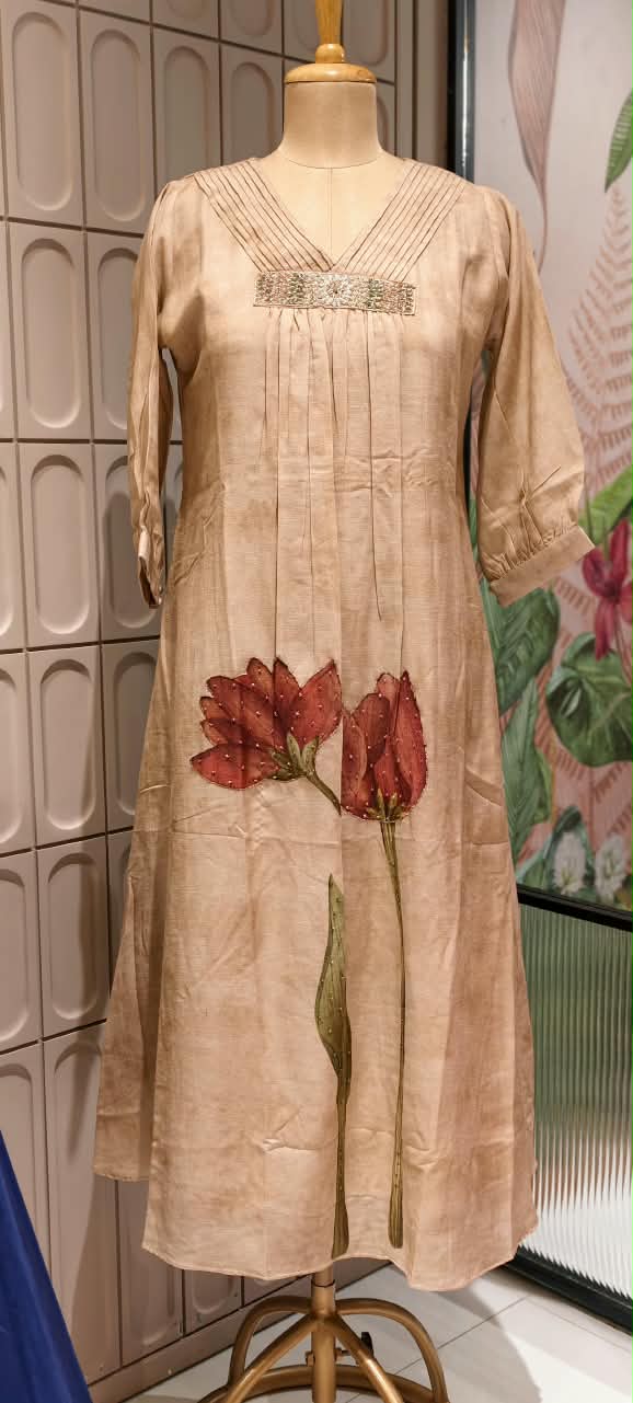 Pleated Neckline Delicate Shimmer Embroidery Digital Floral Print Pure Linen Frock- 16473, 16477