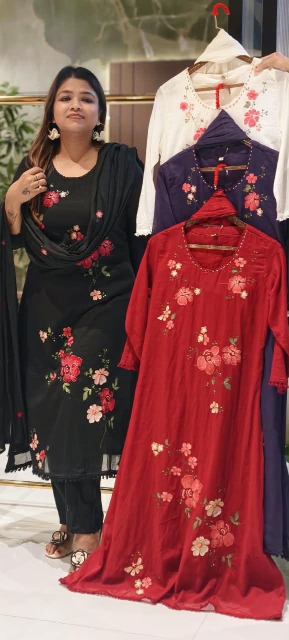 Pure Cotton Intricate Floral Embroidery Solid Shade A-Line Full Suit Set With Dupatta- 16519