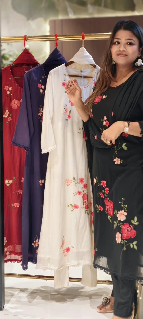Pure Cotton Intricate Floral Embroidery Solid Shade A-Line Full Suit Set With Dupatta- 16519