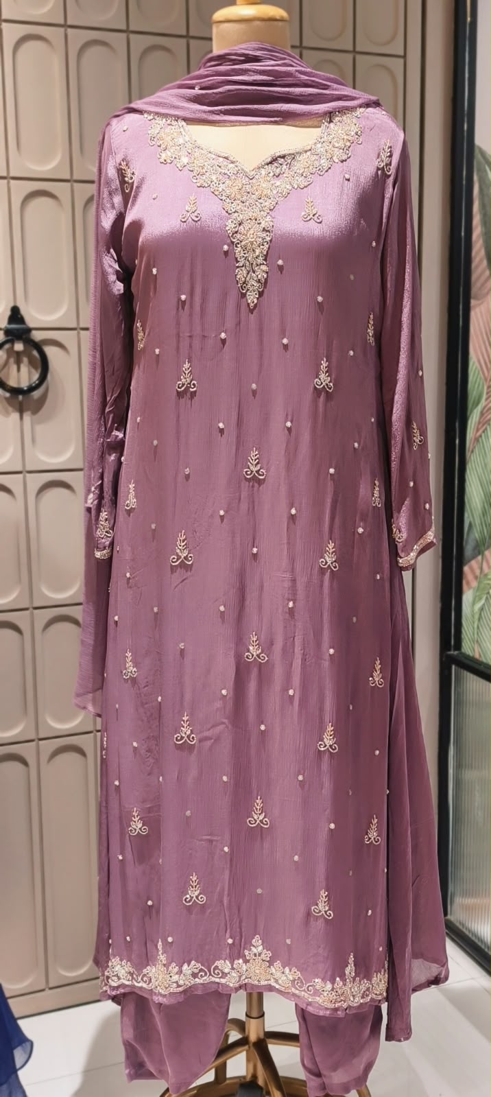 Cut-Dana Embellished Handcrafted Elegant Chinon A-Line Full Suit Set With Dupatta- 16524