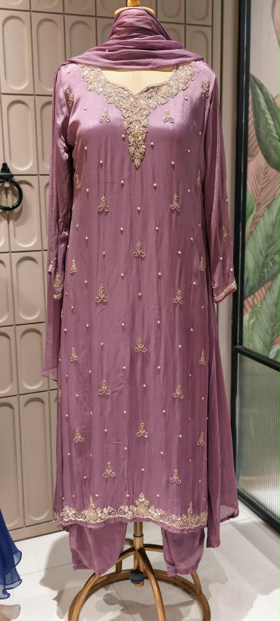 Cut-Dana Embellished Handcrafted Elegant Chinon A-Line Full Suit Set With Dupatta- 16524