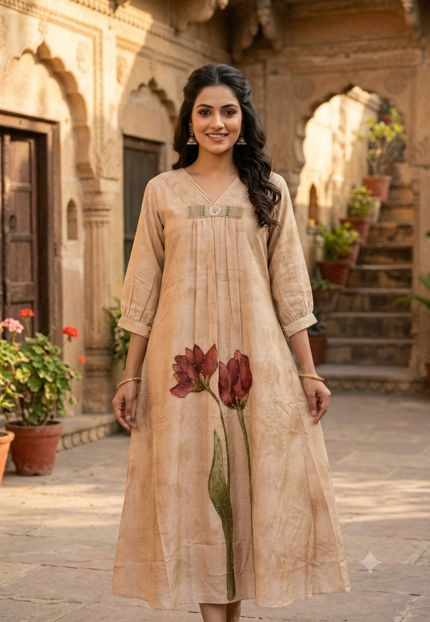 Pleated Neckline Delicate Shimmer Embroidery Digital Floral Print Pure Linen Frock- 16473, 16477