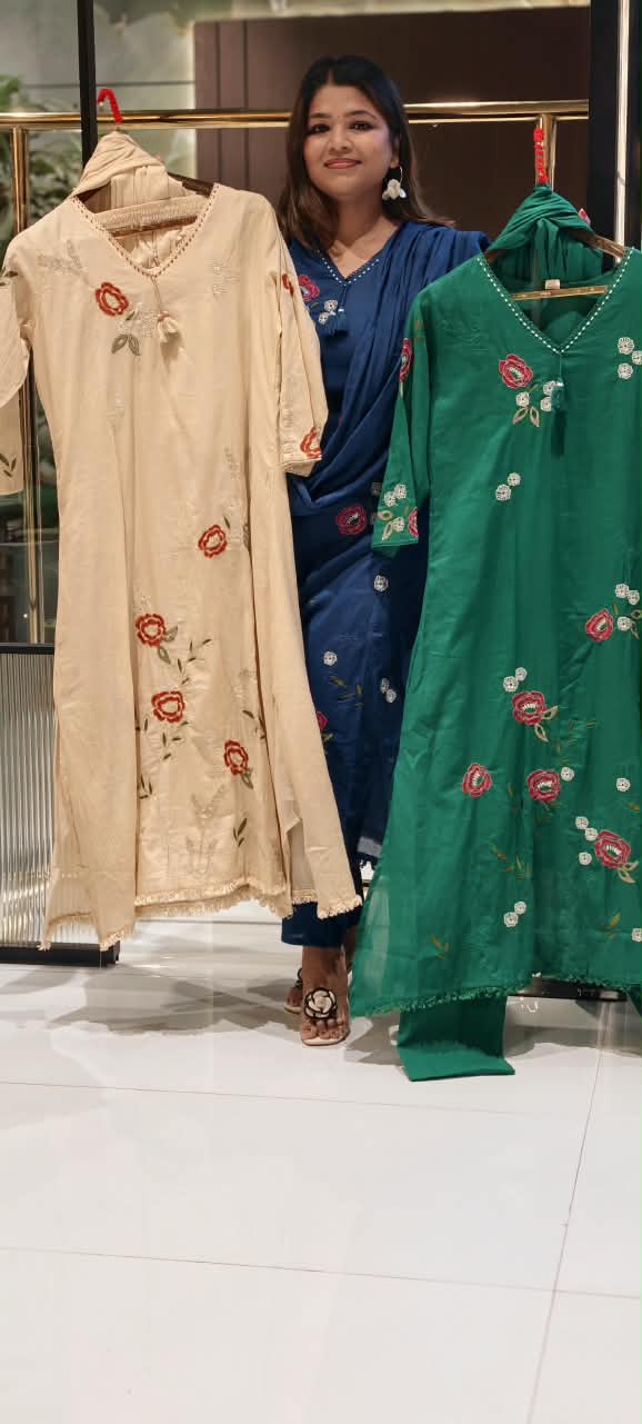 Floral Embroidery Side Slitted V-Neck Full Suit Set with Tassel Detailing & Matching Dupatta- 16522